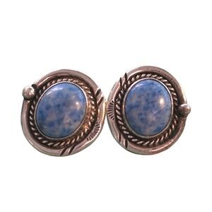 Vintage Navaho Signed JG‎ 925 Sterling Silver Denim Blue Lapis Stud Earrings